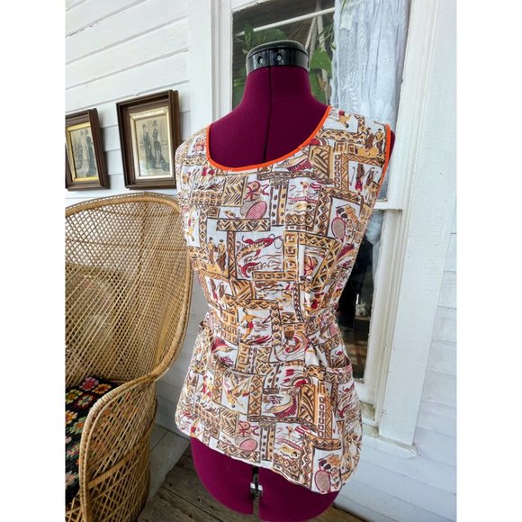 Vintage 1950s Cotton Full Smock Apron Surfers Fish Golfing - Picture 1 of 13